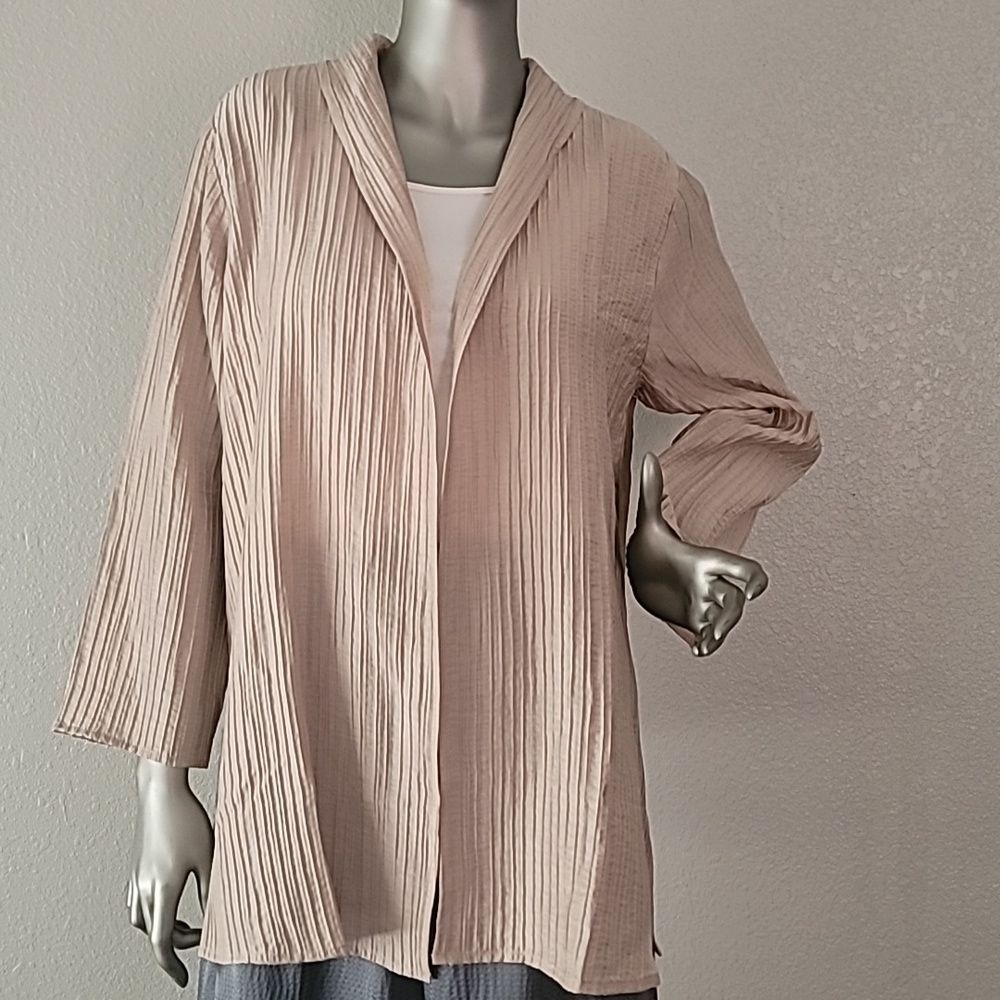 Eileen Fisher Crinkle Shimmer High Collar Open Front Silk Jacket Medium